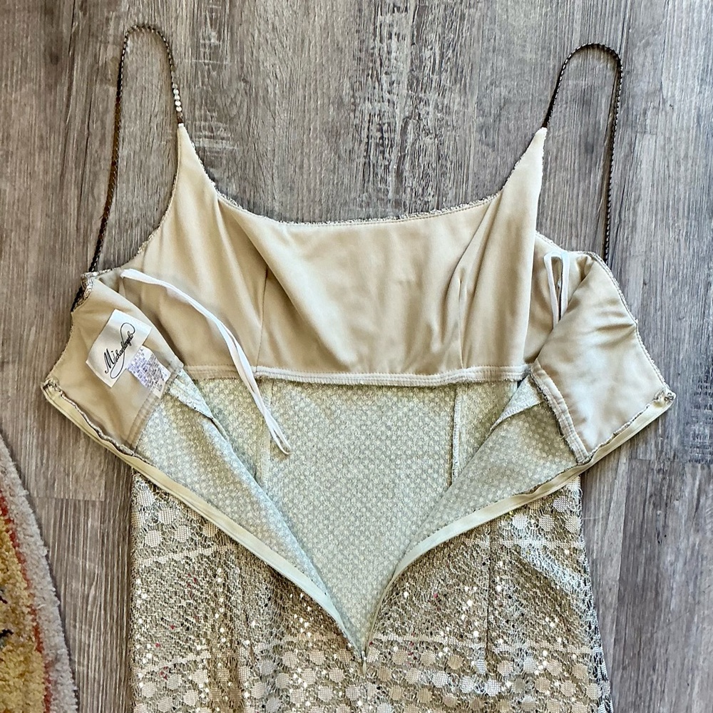Vintage 90s Y2K Michelangelo Rhinestone Spaghetti Strap Gold Crochet Sequin Gown - Picture 13 of 14